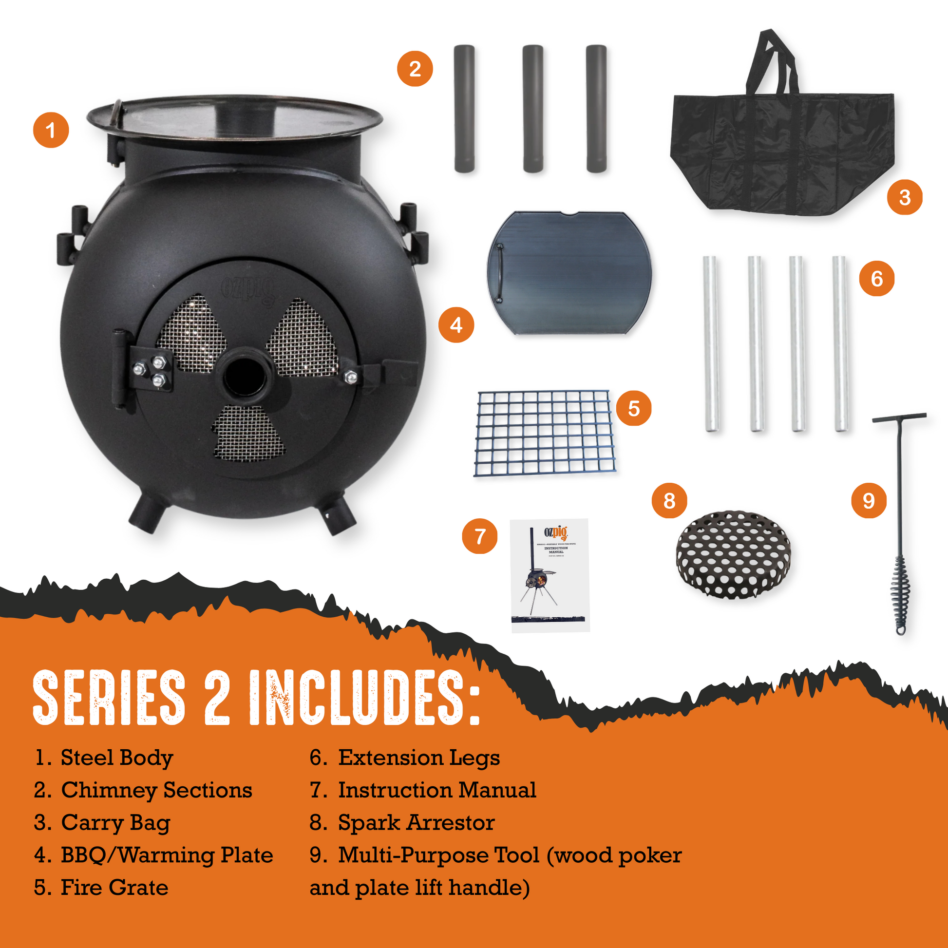 A graphic displays the Ozpig Series 2 Portable Wood Fire Stove by Ozpig, featuring a steel body, four chimney sections, carry bag, BBQ/warming plate, fire grate, extension legs, instruction manual, spark arrestor, and multi-purpose tool.