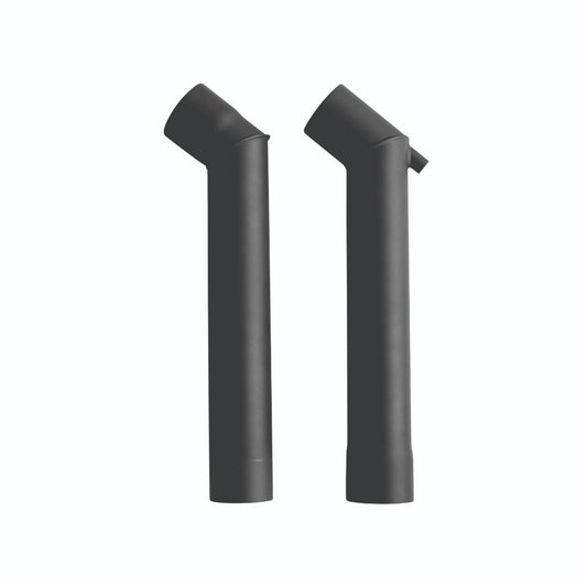 Two Ozpig Double Offset Chimney Pieces by Ozpig, black and cylindrical with angled tops, stand upright side by side on a plain white background. The right piece has a small protruding nozzle near its top.
