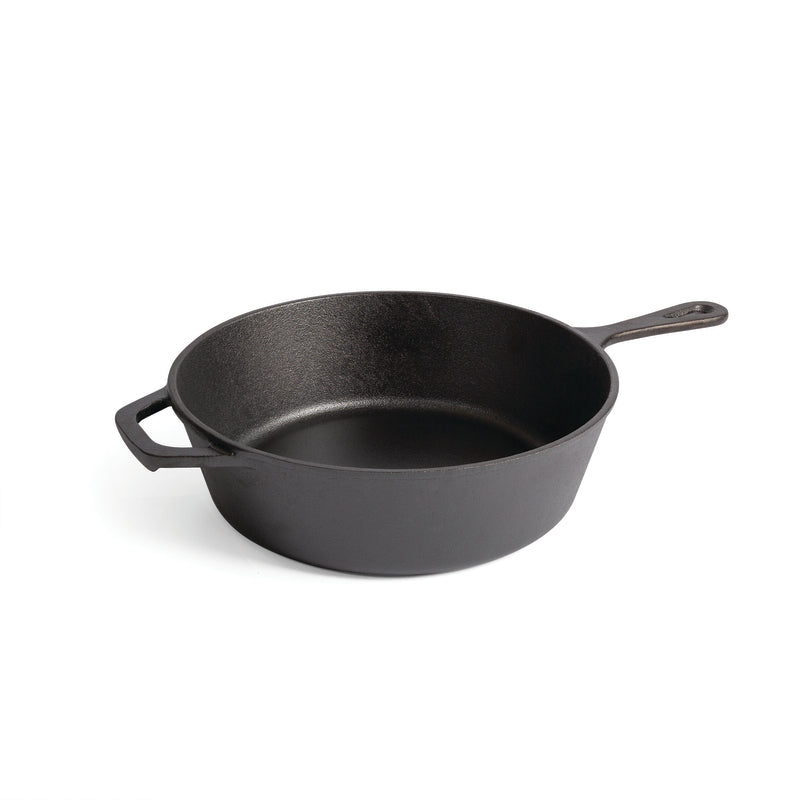 The Campfire Cast Iron Combo Cooker 3.2 Quart, pre-seasoned and featuring one long and one short handle, is shown on a white background.