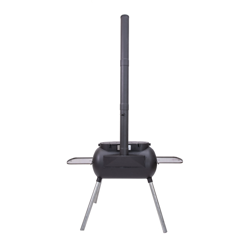 The Ozpig Big Pig by Ozpig is a black portable wood stove with a tall chimney, two foldable side shelves, and four angled metal legs—ideal for woodfired cooking or home heating—shown on a white background.