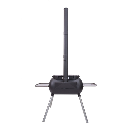 The Ozpig Big Pig by Ozpig is a black portable wood stove with a tall chimney, two foldable side shelves, and four angled metal legs—ideal for woodfired cooking or home heating—shown on a white background.