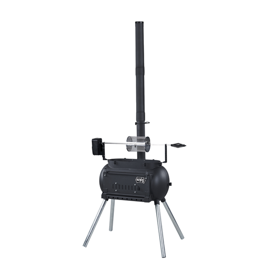 The Ozpig Rotisserie Basket Small by Ozpig is a stainless steel attachment designed for black portable outdoor wood stoves with a vertical chimney, four angled legs, and a side handle.