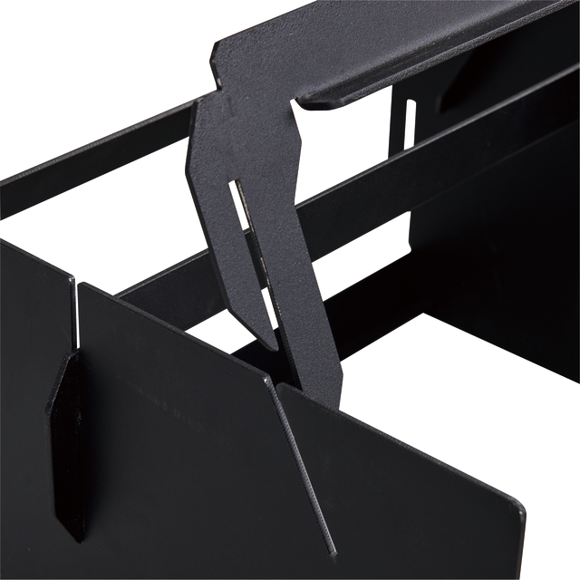 Close-up of Ozpig’s 3-in-1 Flat Pack Fire Pit shows black metal panels with interlocking slots and tabs, highlighting the modular assembly of this portable camping fire pit.