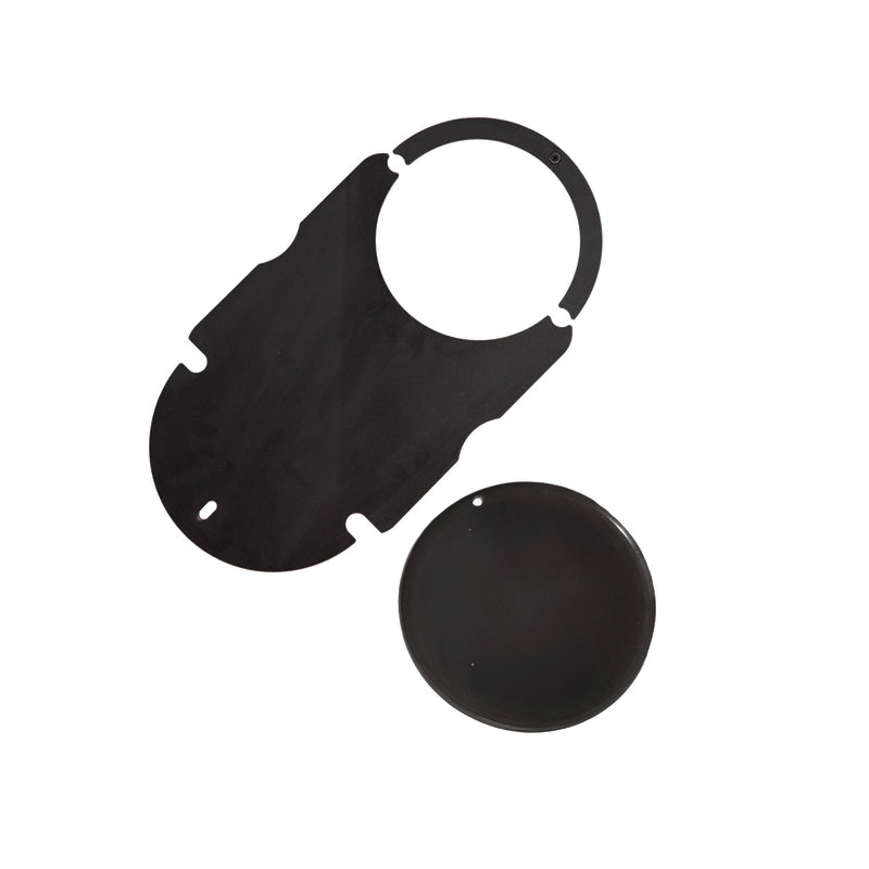 Two flat, black plastic pieces—the Ozpig Big Pig Oven Smoker Adapter by Ozpig—include one large, irregularly shaped piece with a circular opening and cutouts, and a small round disc, both displayed on a white background.