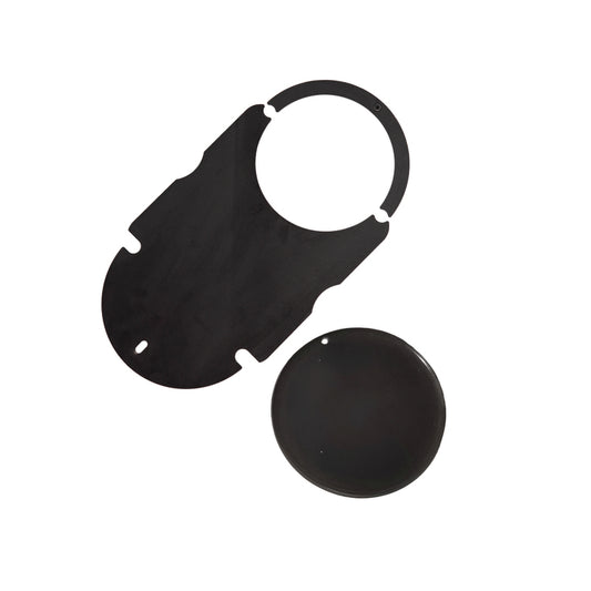 Two flat, black plastic pieces—the Ozpig Big Pig Oven Smoker Adapter by Ozpig—include one large, irregularly shaped piece with a circular opening and cutouts, and a small round disc, both displayed on a white background.
