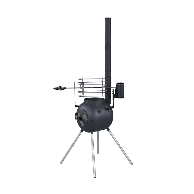 The Ozpig Kebab Rotisserie Set by Ozpig is a black metal outdoor stove with a cylindrical body, chimney pipe, four silver legs, adjustable grilling racks, side handle, and is compatible with stainless steel skewers or the Ozpig Rotisserie Kit.