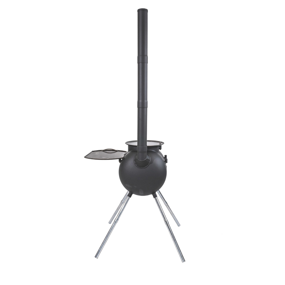 A black, spherical Ozpig Series 2 Portable Wood Fire Stove by Ozpig, featuring a chimney pipe, three metal legs, and a side door, is photographed against a plain white background.