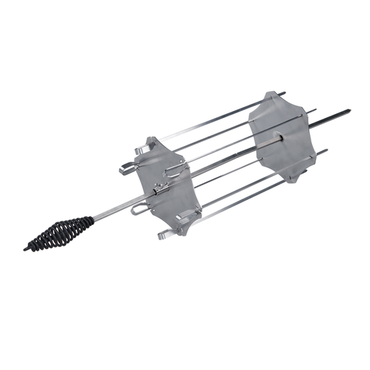 The Ozpig Kebab Rotisserie Set by Ozpig features a metal spit rod with two square plates, four prongs, and a black spiral handle, designed for grilling meat and compatible with the Ozpig Rotisserie Kit and stainless steel skewers.