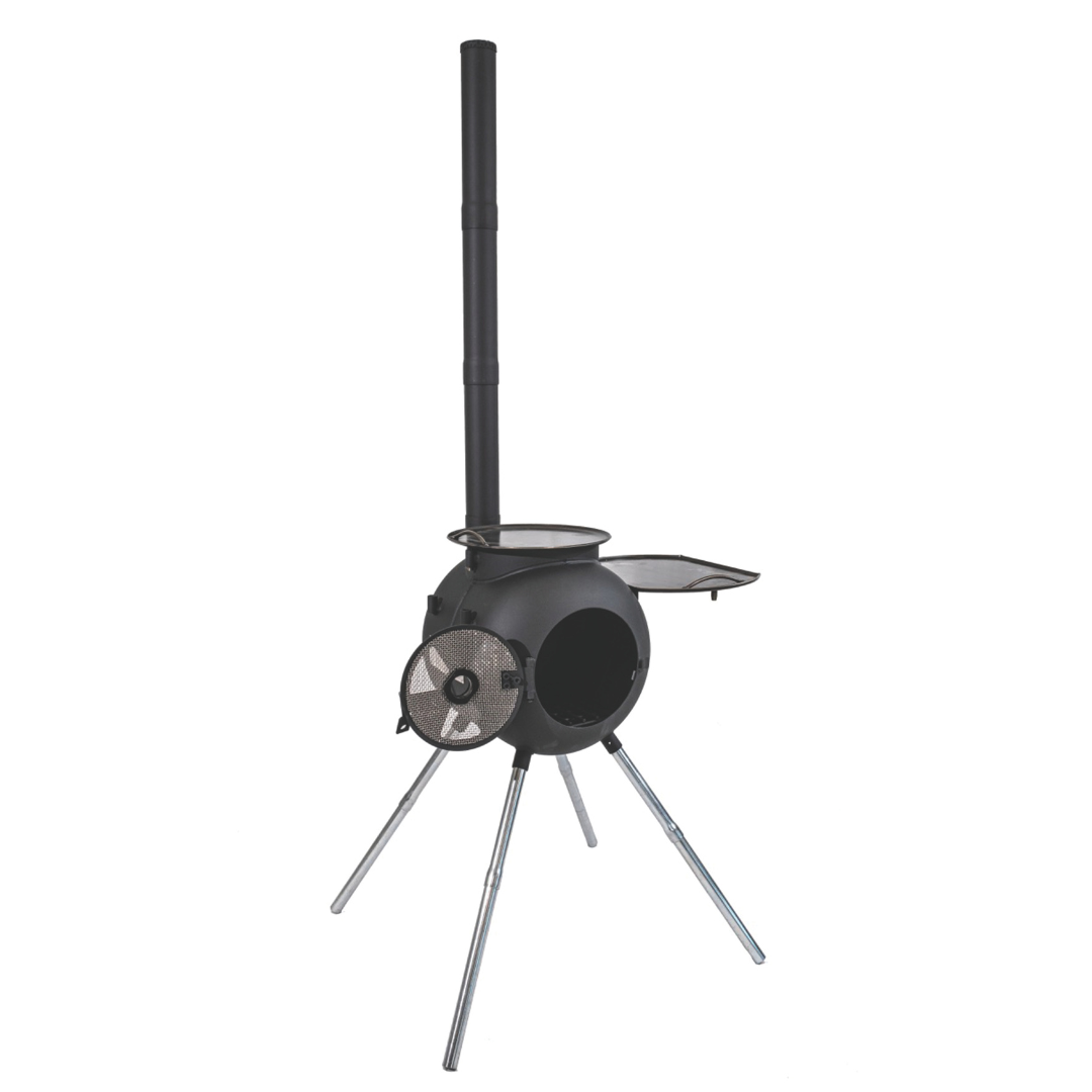 The Ozpig Series 2 Portable Wood Fire Stove by Ozpig is a black, round outdoor stove with four metal legs, a chimney pipe, and a mesh-covered side door. Its flat top lets you cook easily—great for backyard entertaining. One door opens to show the interior.