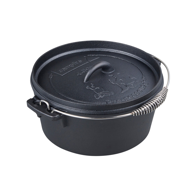 The Campfire 4.5 Quart Camp Oven is a pre-seasoned black cast iron oven with a fitted lid featuring embossed designs, a side handle, and a metal wire bail handle with coiled grip—ideal for outdoor cooking.