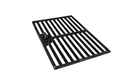 The Ozpig Traveller Chargrill by Ozpig is a black enamel-coated cast iron rectangular grate featuring evenly spaced bars and a small attached handle, ideal for use on wood fired grills or chargrills, shown on a white background.
