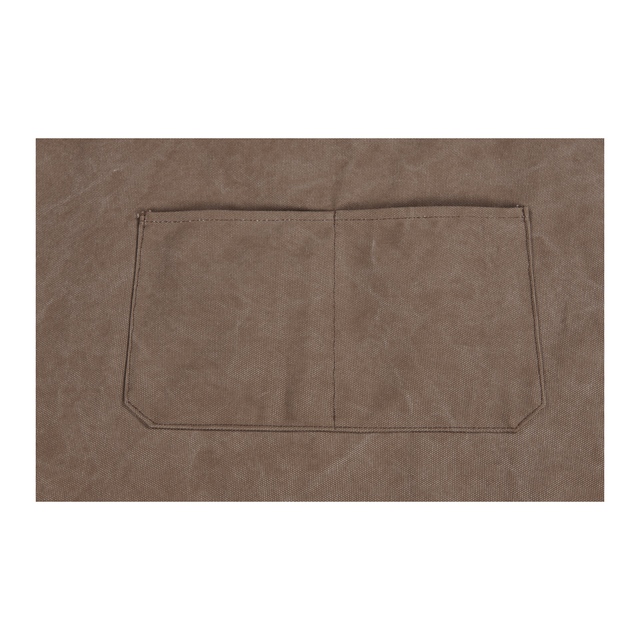 Close-up of the Ozpig Apron’s brown canvas fabric, showing a centered rectangular pocket divided into two sections and finished with visible dark stitching. Brand: Ozpig.