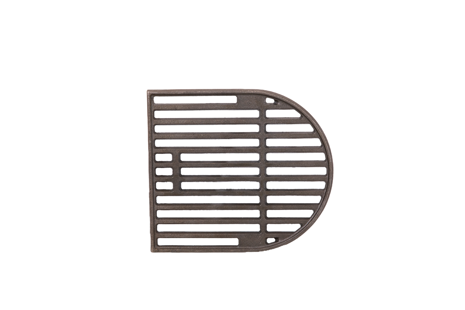 The Ozpig Big Pig Chargrill by Ozpig is a metal grate with a flat left edge and a rounded right edge. Featuring horizontal and vertical bars that create rectangular openings, it’s perfect for infusing your food with authentic wood-fired flavor—an essential addition to any Big Pig barbecue setup. Shown against a white background.