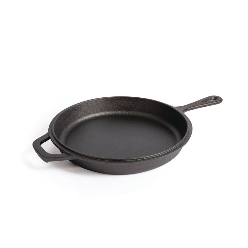The Campfire Cast Iron Combo Cooker 3.2 Quart, in black, features a handle and a small helper handle on opposite sides, shown on a white background.