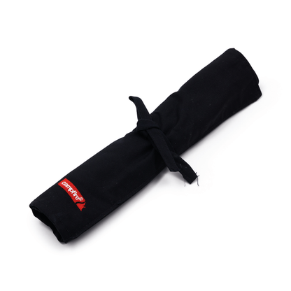 A rolled-up black fabric pouch with a red rectangular Campfire tag—ideal for storing your 3pc Premium Knife Set with stainless steel blades and acacia wood handles.