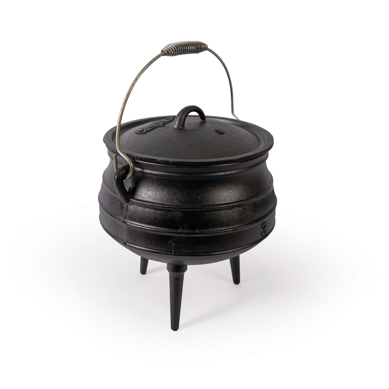 The Campfire 8L Cast Iron Potjie Pot features a black finish, sturdy three legs, a curved top handle, and a lid. Ideal for outdoor cooking, it’s showcased against a plain white background.