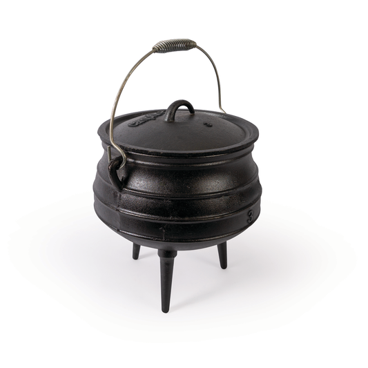 The Campfire 8L Cast Iron Potjie Pot features a black finish, sturdy three legs, a curved top handle, and a lid. Ideal for outdoor cooking, it’s showcased against a plain white background.