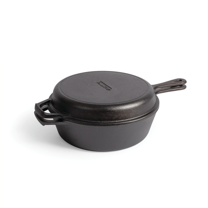The Campfire Cast Iron Combo Cooker 3.2 Quart is pre-seasoned, black, has side handles and a lidded top with a raised center logo, shown on a white background—ideal as a versatile camp Dutch oven.