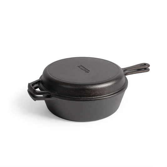 The Campfire Cast Iron Combo Cooker 3.2 Quart is pre-seasoned, black, has side handles and a lidded top with a raised center logo, shown on a white background—ideal as a versatile camp Dutch oven.