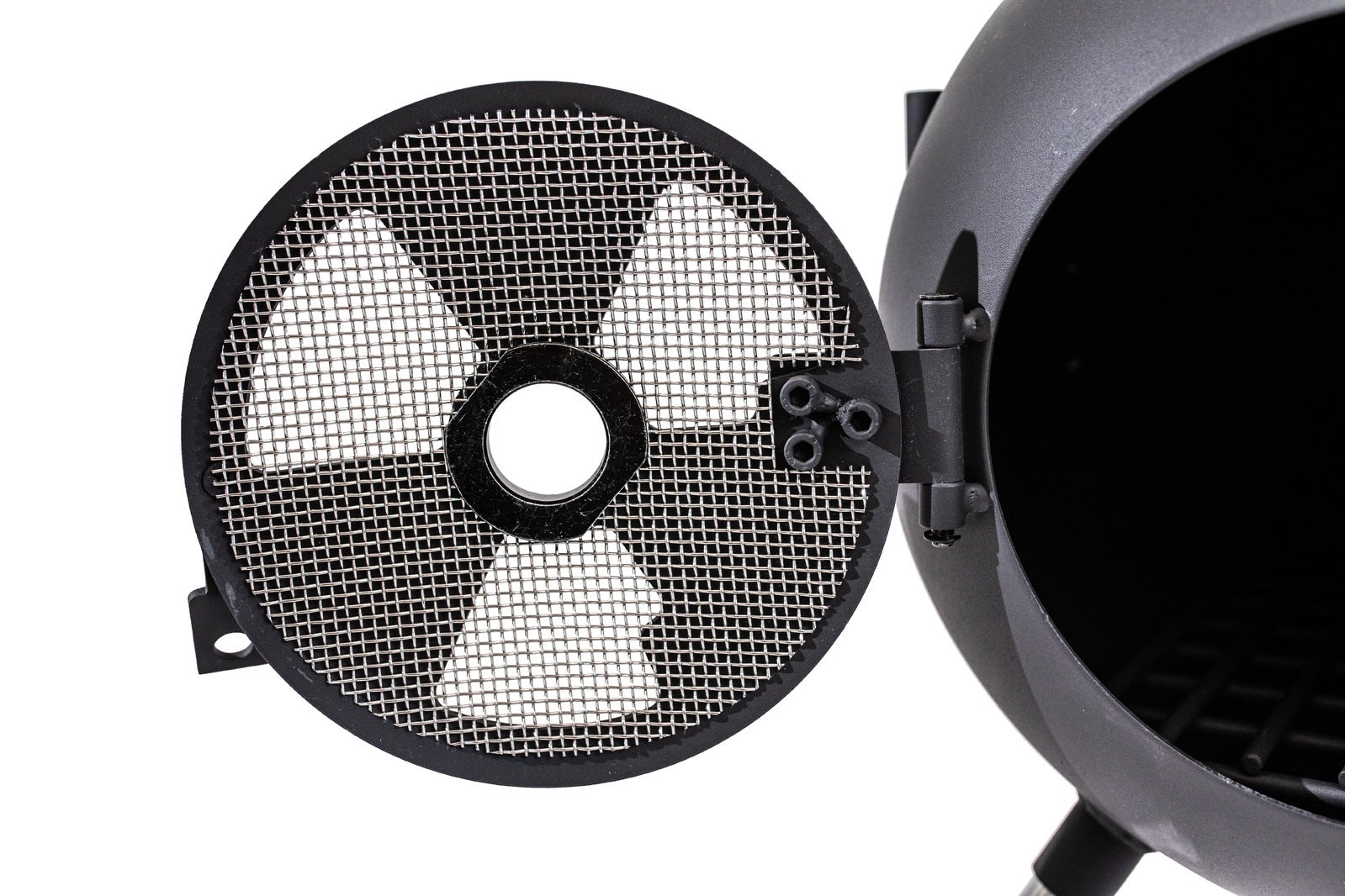 A close-up shows a round metal door with a mesh screen and radiation hazard symbol, attached to the Ozpig Series 2 Portable Wood Fire Stove by Ozpig. The open door reveals its empty interior—ideal for backyard entertaining.