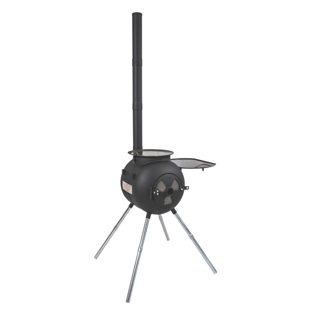 The Ozpig Series 2 Portable Wood Fire Stove by Ozpig is a black, cylindrical stove with four sturdy legs, a tall chimney, and an open side door revealing a cooking surface—ideal for backyard entertaining. Freestanding against a white background.