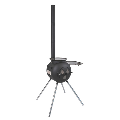 The Ozpig Series 2 Portable Wood Fire Stove by Ozpig is a black, cylindrical stove with four sturdy legs, a tall chimney, and an open side door revealing a cooking surface—ideal for backyard entertaining. Freestanding against a white background.