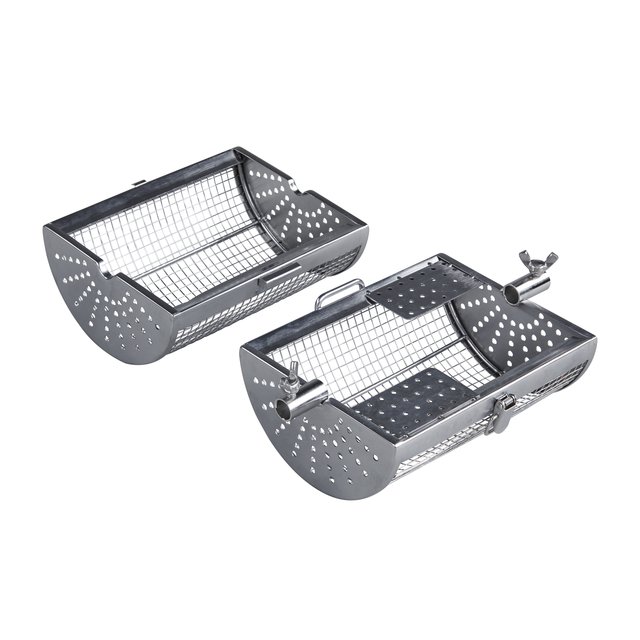 Two Ozpig Rotisserie Basket Small accessories by Ozpig, each with perforated stainless steel mesh and adjustable clamps, securely hold items for rotisserie, industrial, or laboratory use. Shown side by side on a white background.