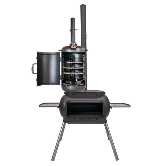 The Ozpig Big Pig Smoker Combo by Ozpig is a black metal outdoor oven smoker and grill with a vertical smoking chamber on top, horizontal grill below, open doors, four legs, and extended side shelves.