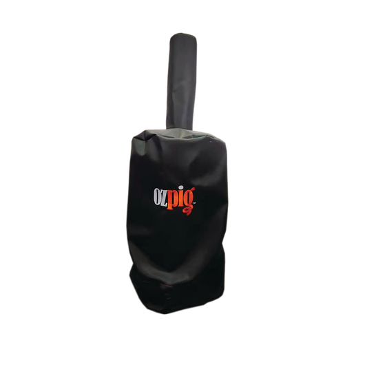 The Ozpig Oven Smoker Custom Fit Cover by Ozpig is a black protective cover featuring the brand logo, designed to fit over your oven smoker with its chimney or handle, as shown against a white background.