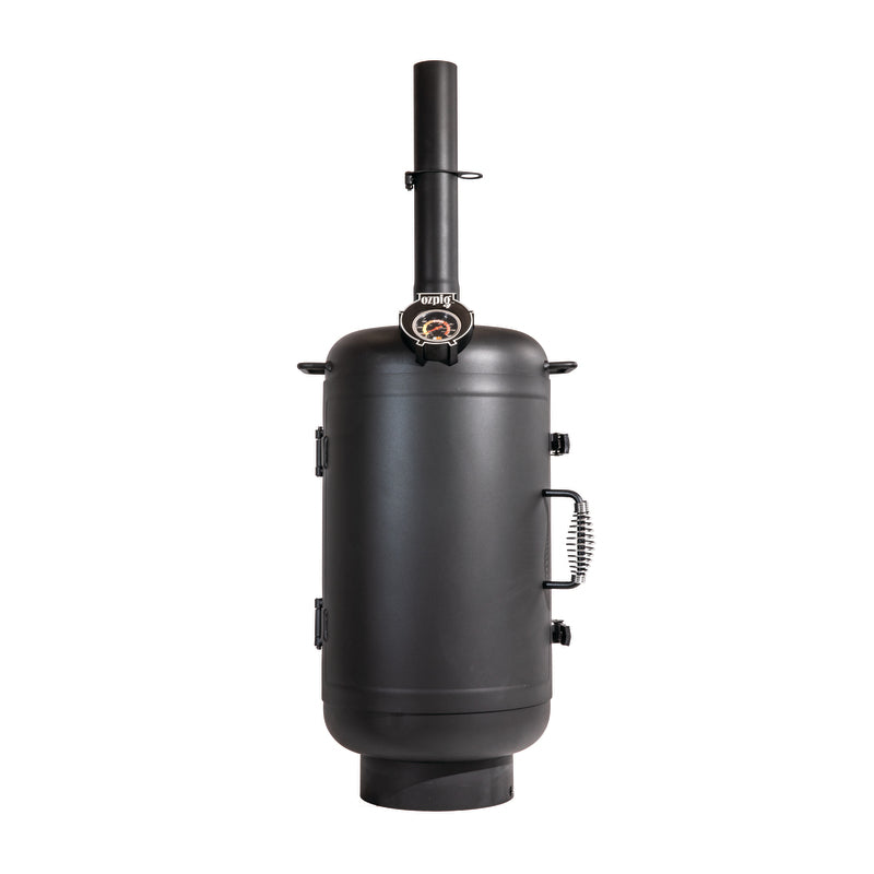 The Ozpig Oven Smoker by Ozpig is a black, upright cylindrical wood-burning stove with chimney pipe, temperature gauge, side handles, and latch doors—perfect for outdoor cooking—shown against a white background.