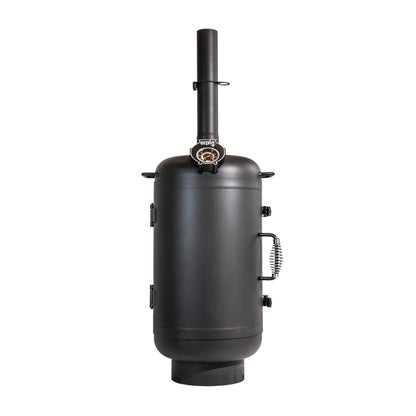 The Ozpig Oven Smoker by Ozpig is a black, upright cylindrical wood-burning stove with chimney pipe, temperature gauge, side handles, and latch doors—perfect for outdoor cooking—shown against a white background.