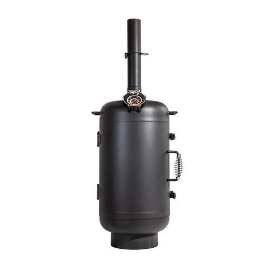 The Ozpig Oven Smoker by Ozpig is a black, upright cylindrical wood-burning stove with chimney pipe, temperature gauge, side handles, and latch doors—perfect for outdoor cooking—shown against a white background.