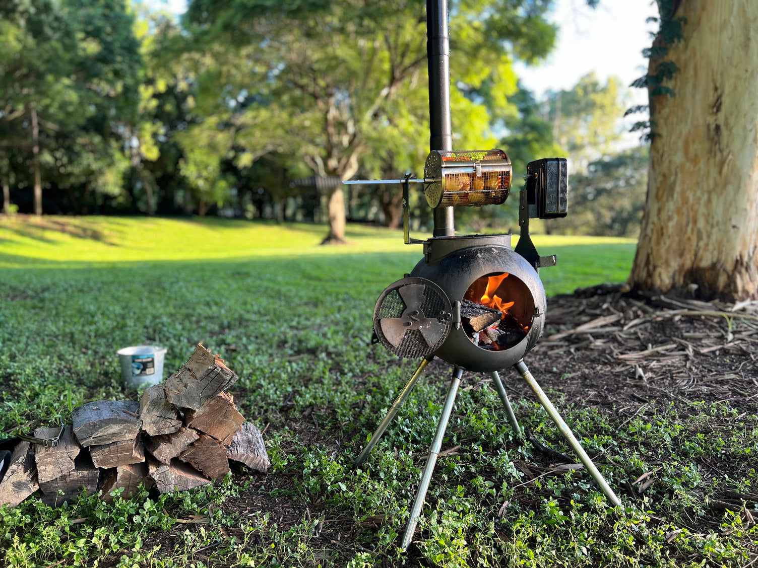 The Ozpig Rotisserie Basket Small by Ozpig holds a chicken above the flames of an outdoor stove, roasting on grass beside firewood, with trees and lush greenery in the background.