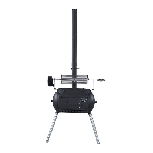 A black Ozpig Rotisserie Basket Large by Ozpig, featuring three silver legs, a tall vertical chimney, a rotisserie attachment on top for wood-fired cooking, and a vented front door. It stands against a white background.