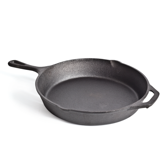 The Campfire 30cm Cast Iron Skillet, a durable black pan with main and helper handles, is perfect for campfire cooking and is shown resting on a white background.
