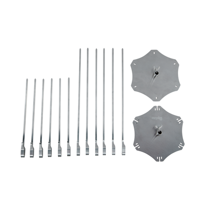 The Ozpig Kebab Rotisserie Set by Ozpig includes 12 stainless steel skewers in assorted lengths and 2 flat, round plates with central holes and notched edges—ideal for making kebabs.