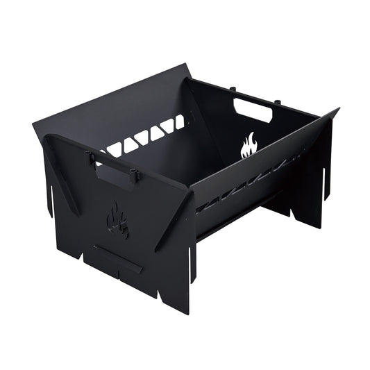 The Ozpig 3-in-1 Flat Pack Fire Pit features a black metal construction with flame-shaped cutouts on the panels, a rectangular design, and slotted sides for ventilation. Ideal as a camping fire pit, this unassembled unit rests on a white background.