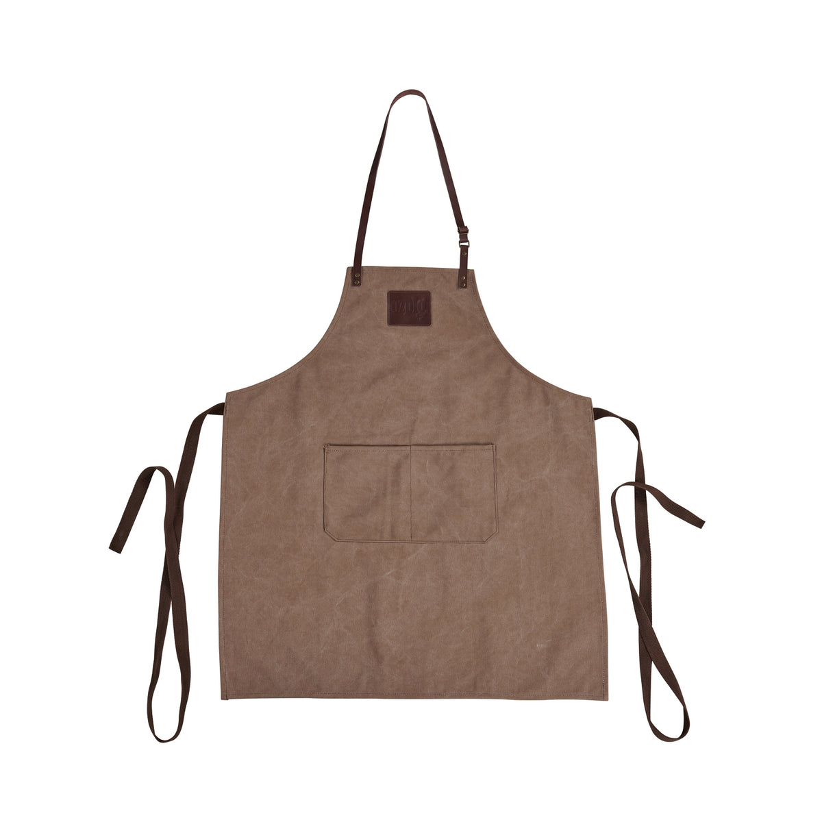 The Ozpig Apron by Ozpig, crafted from durable brown canvas, features an adjustable neck strap, a large front pocket, and two long side ties accented with subtle leather details. It is shown laid flat on a white background.