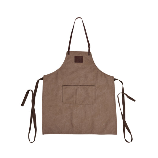 The Ozpig Apron by Ozpig, crafted from durable brown canvas, features an adjustable neck strap, a large front pocket, and two long side ties accented with subtle leather details. It is shown laid flat on a white background.