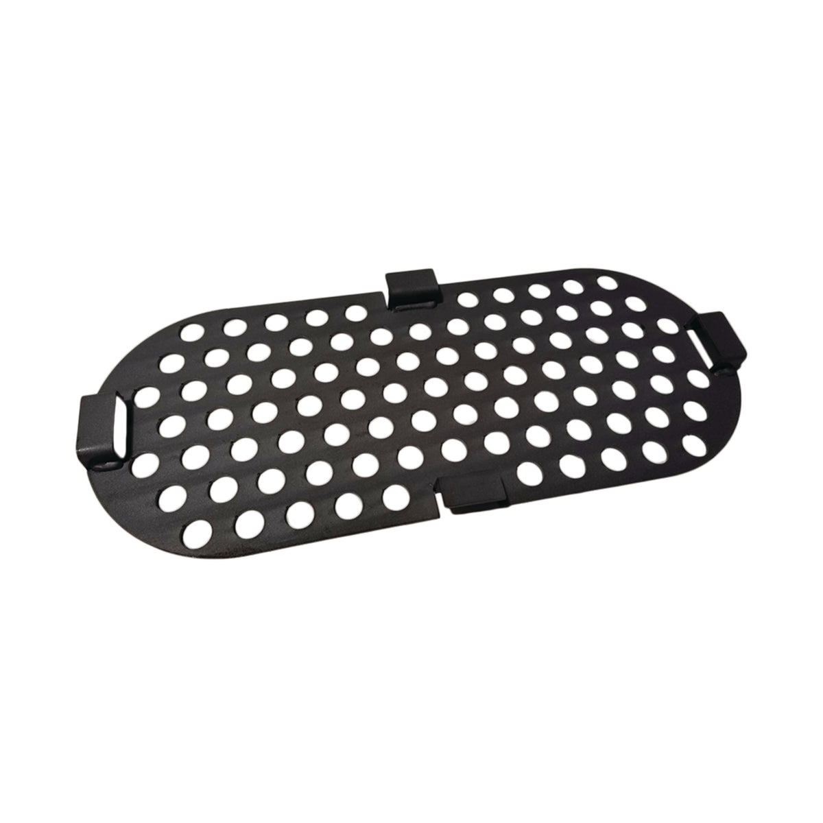 The Ozpig Big Pig Charcoal Plate by Ozpig features a black oval metal grate with evenly spaced round holes and four rectangular clips around the edges, shown on a white background—ideal for outdoor cooking to maximize heat output.