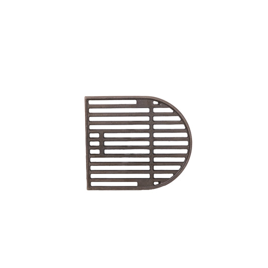 The Ozpig Big Pig Chargrill by Ozpig is a metal grilling grate shaped like a capital letter “D,” featuring parallel bars and a rounded right side—perfect for achieving that authentic wood-fired flavor at your next Big Pig BBQ, shown isolated on a white background.