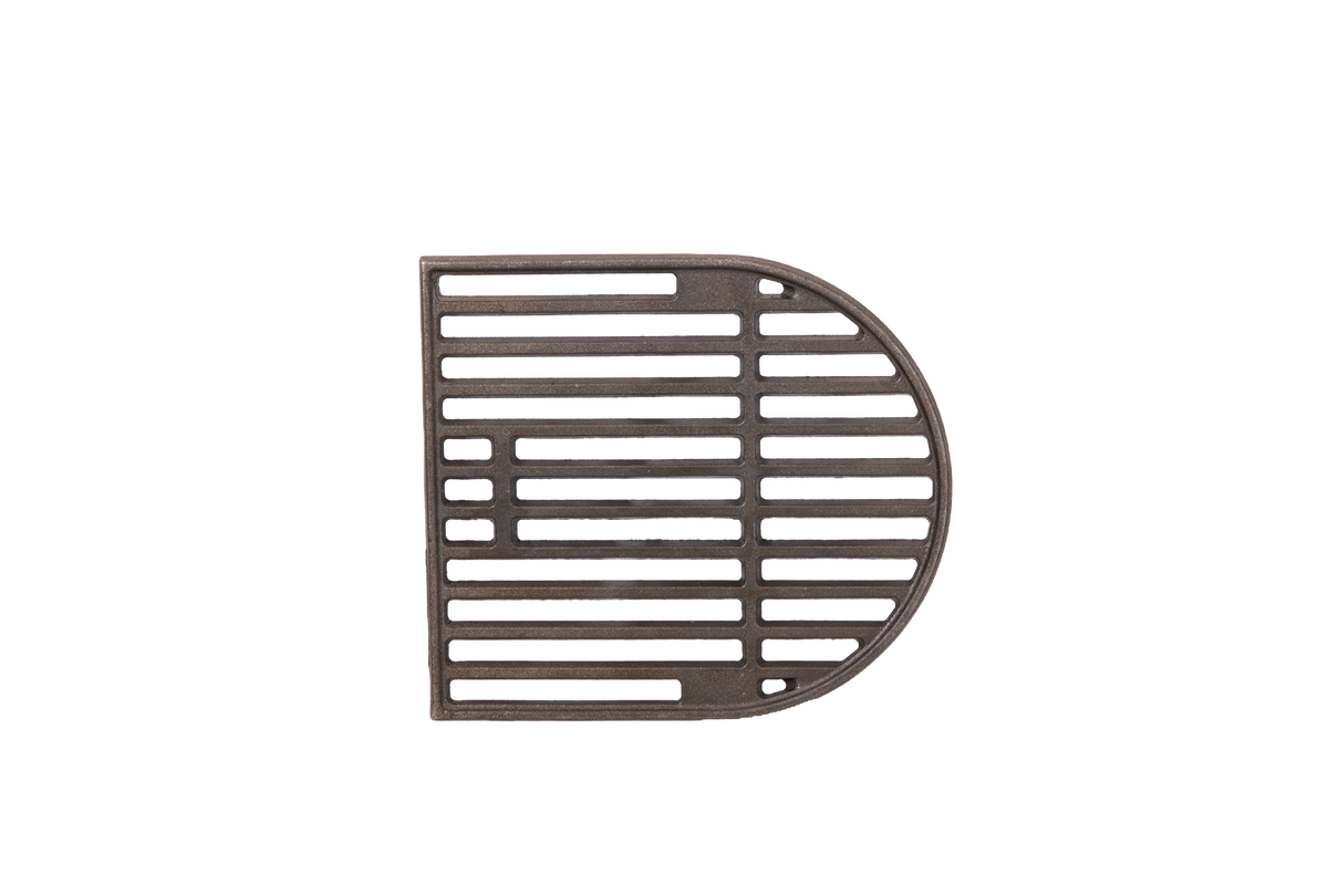 The Ozpig Big Pig Chargrill by Ozpig is a metal, half-circle plate featuring parallel and perpendicular bars, ideal for achieving an authentic wood-fired flavor, shown on a plain white background.