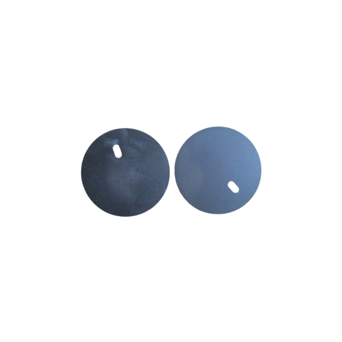 Two round, flat, dark discs with small oval holes near the edges are placed side by side on a white background—these are genuine Ozpig Big Pig Cooking Port Plates by Ozpig.