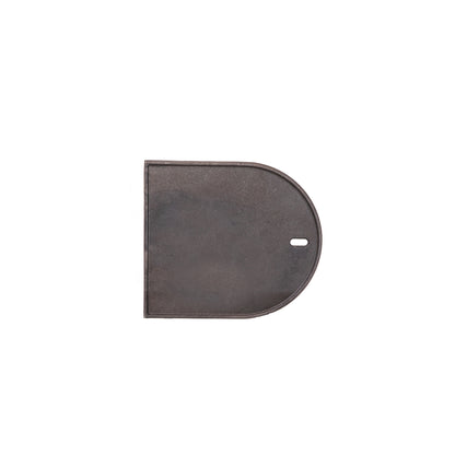 A flat, dark, semi-circular metal object with a small hole near the curved edge—placed on a white background—is the Ozpig Big Pig Flat Iron BBQ Plate by Ozpig, ideal for use with your Big Pig or wood-fired BBQ setup.