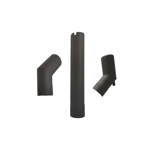 Three matte black cylindrical pipe fittings from the Ozpig Big Pig Offset Chimney Kit are displayed on a white background: one straight and two angled at different orientations. These components are designed as chimney extensions for Ozpig wood-fired stoves and the Big Pig Offset Chimney.