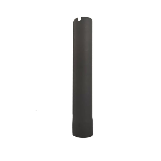 An Ozpig Big Pig Offset Extension Chimney by Ozpig, featuring a tall cylindrical shape and a matte black finish with a small notch along the top edge, stands vertically against a plain white background.