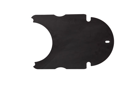 A flat, irregularly shaped black object with a rounded right side, a straight left edge, and several notches along the edges—identified as the Ozpig Big Pig Oven Smoker Adapter by Ozpig—photographed on a white background.