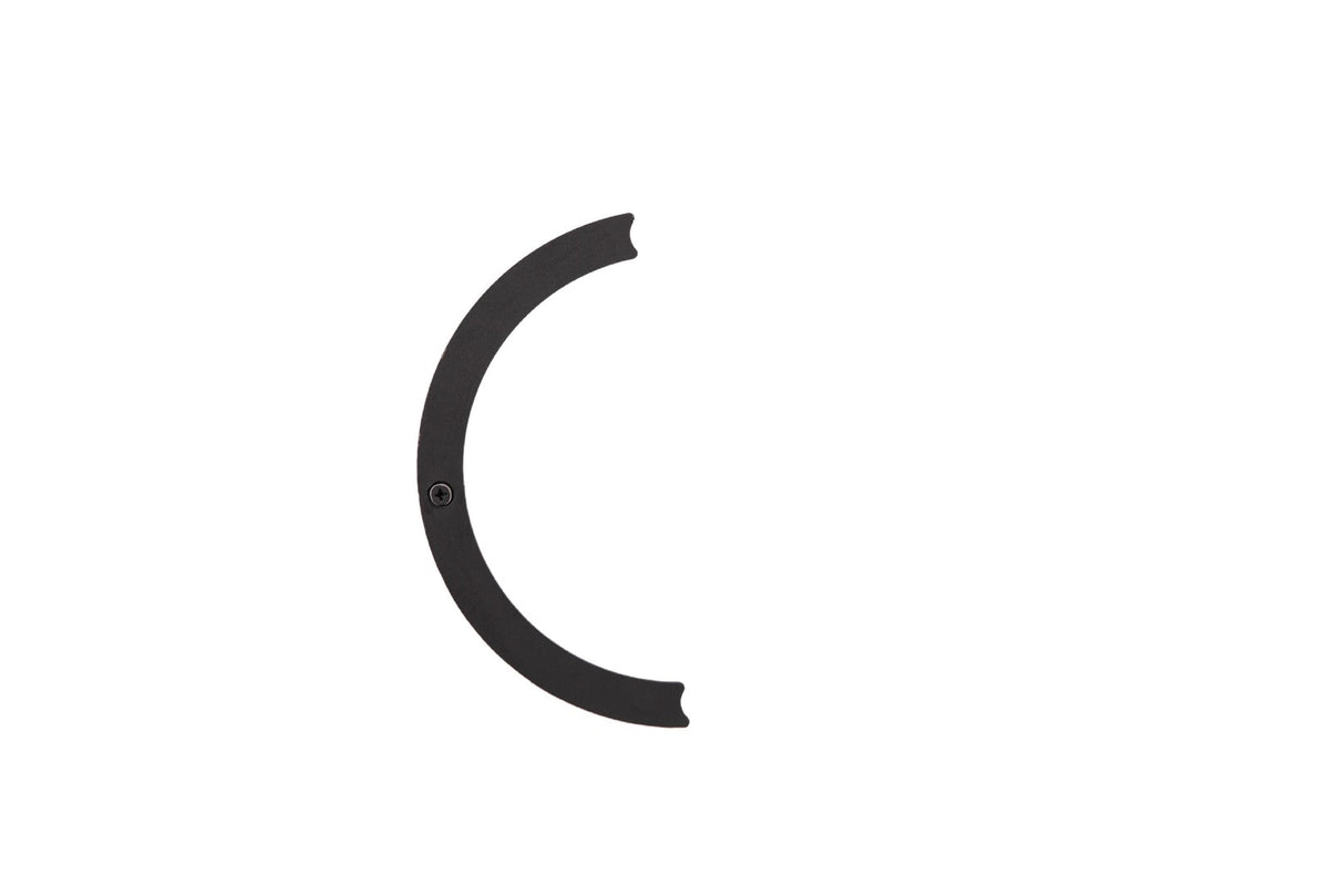 A black, crescent-shaped object with flat ends and a small screw detail on a plain white background, the Ozpig Big Pig Oven Smoker Adapter by Ozpig is designed as an oven smoker attachment compatible with the Big Pig Smoker Adapter Kit.