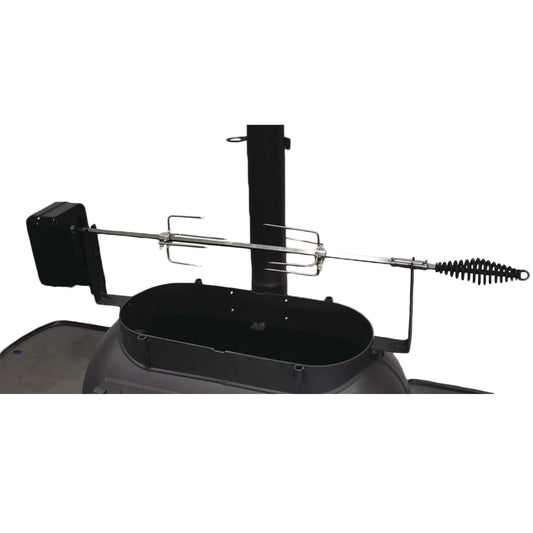 The Ozpig Big Pig Rotisserie Kit by Ozpig is perfect for wood fire cooking or enhancing your charcoal rotisserie setup, featuring a motorized black box on one end, sturdy metal spit forks in the center, and a spring-grip handle on the opposite side—all designed to mount securely over an open grill chamber.