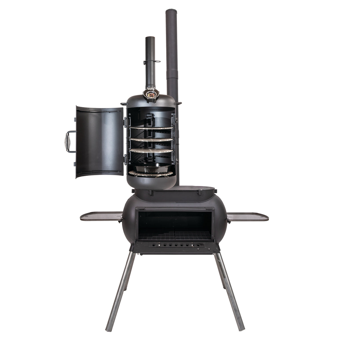 The Ozpig Big Pig Smoker Combo by Ozpig is a black metal outdoor oven smoker featuring both doors open, revealing multiple racks in the upper chamber and an empty lower grilling area. Perfect for preparing woodfired meals, this versatile grill stands on four legs with foldable side shelves, making it an excellent choice for those who love outdoor cooking.